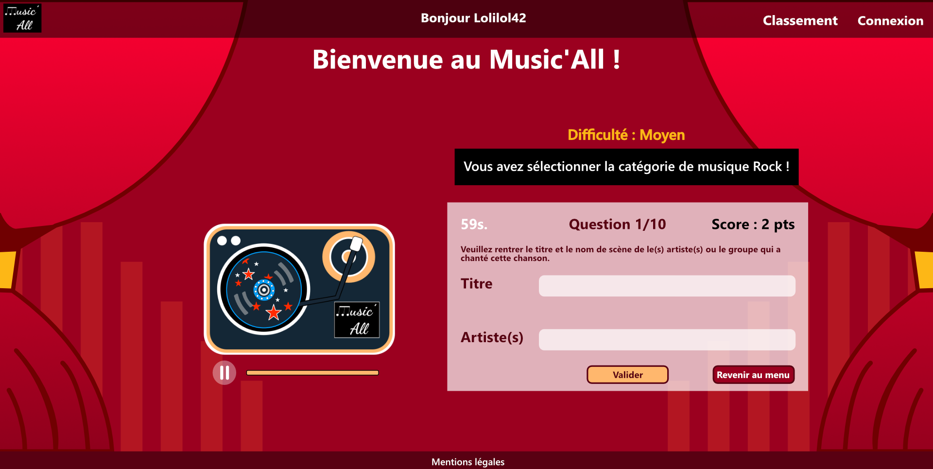 Page d'une partie lancée : titre et nom de(s) artiste(s) demandés