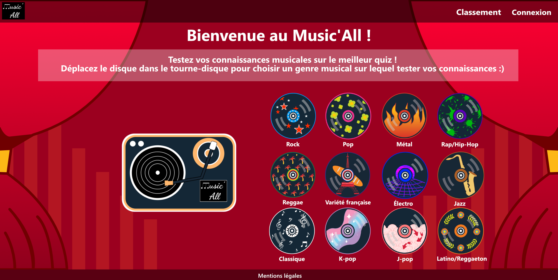 Page d'accueil avec les vinyles cliquables représentant les 12 genres musicaux