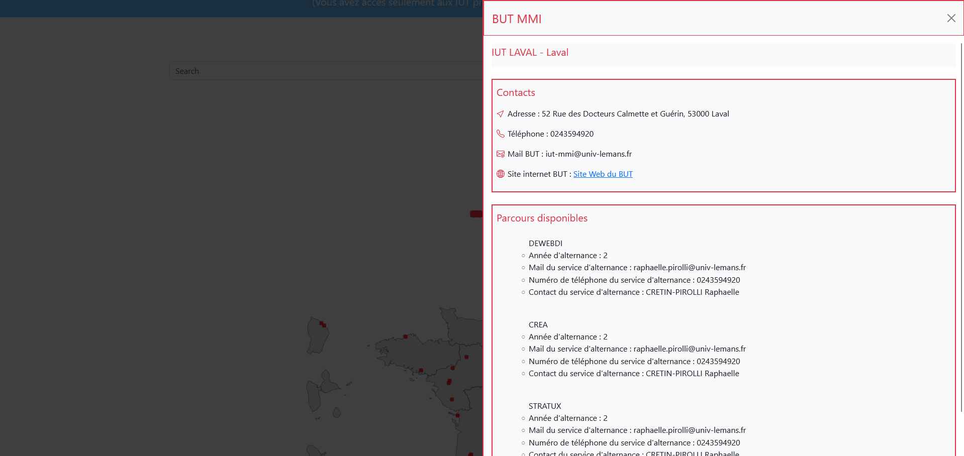 Fenêtre du BUT MMI sélectionné de l'IUT de Laval