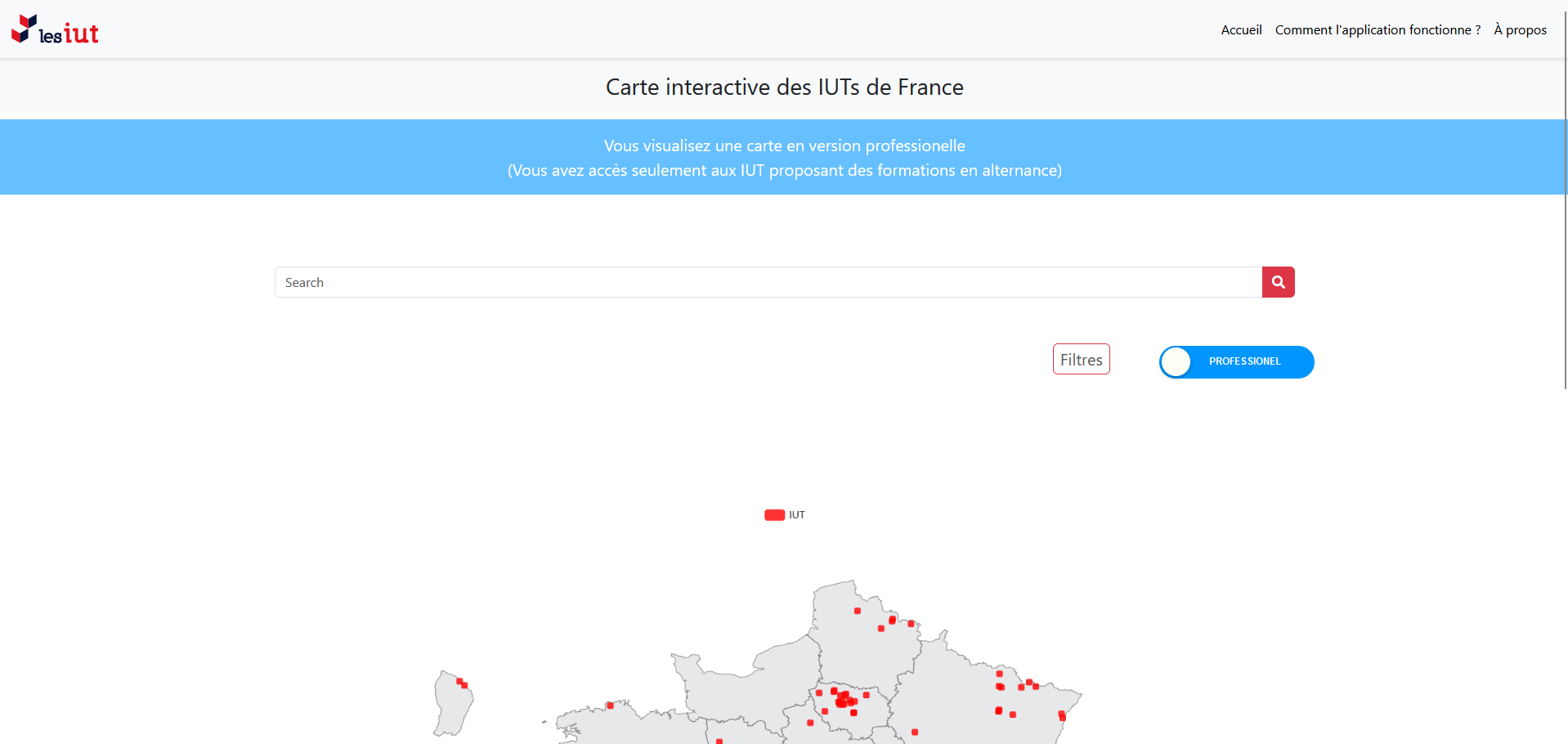 Page d’accueil (filtre "Professionnel" en bleu)