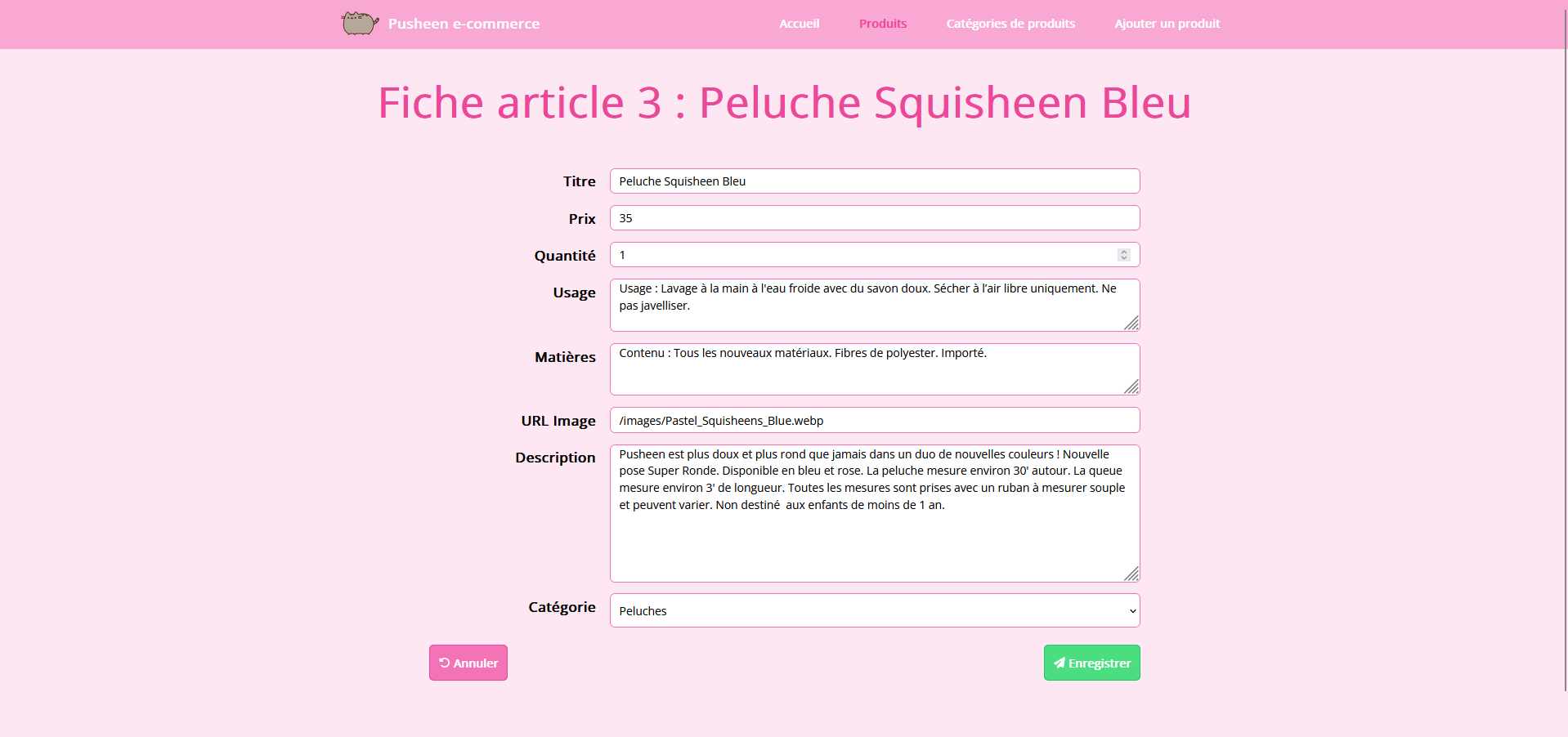 Fiche d'un article avec ses caractérisques