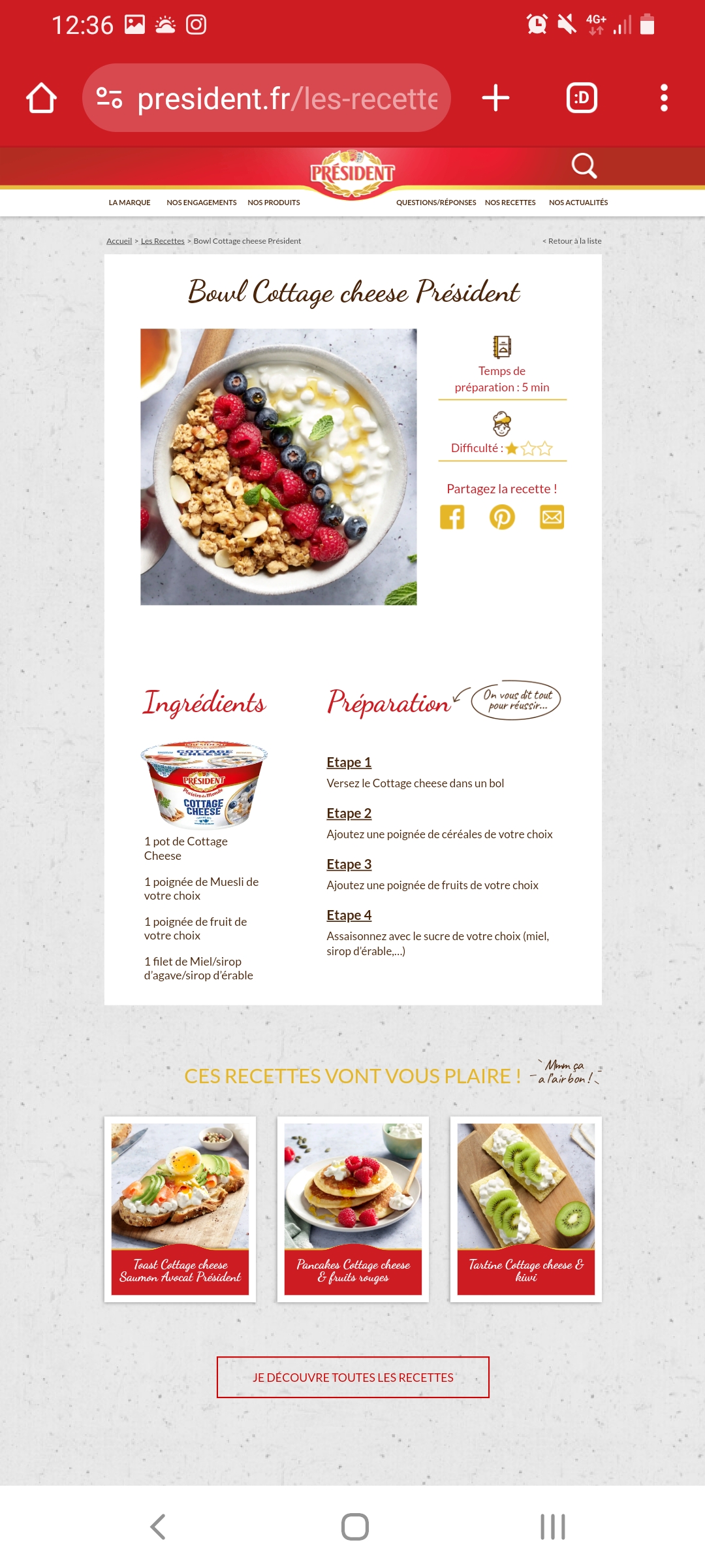 Page d'une recette
