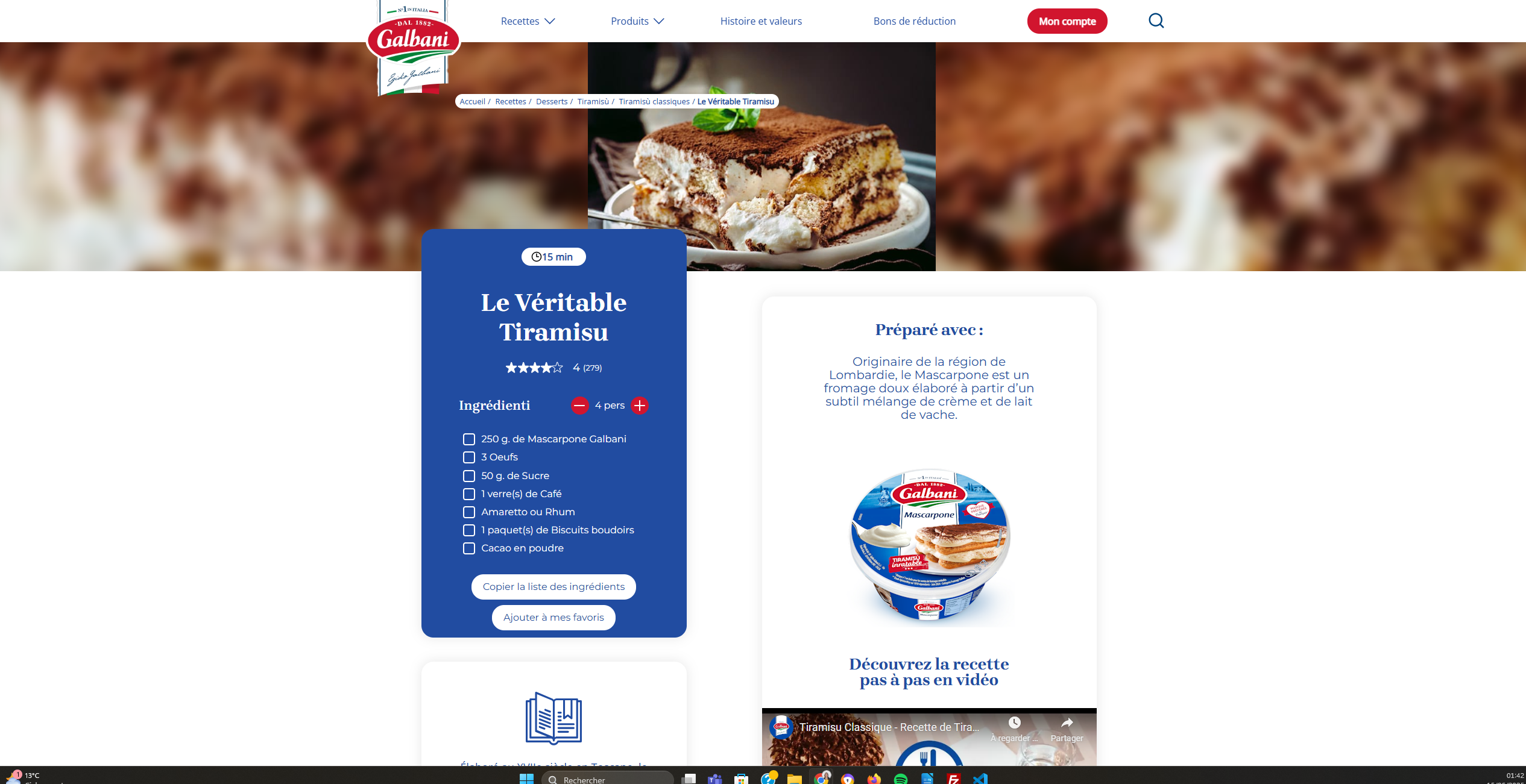 Page des détails d'une recette