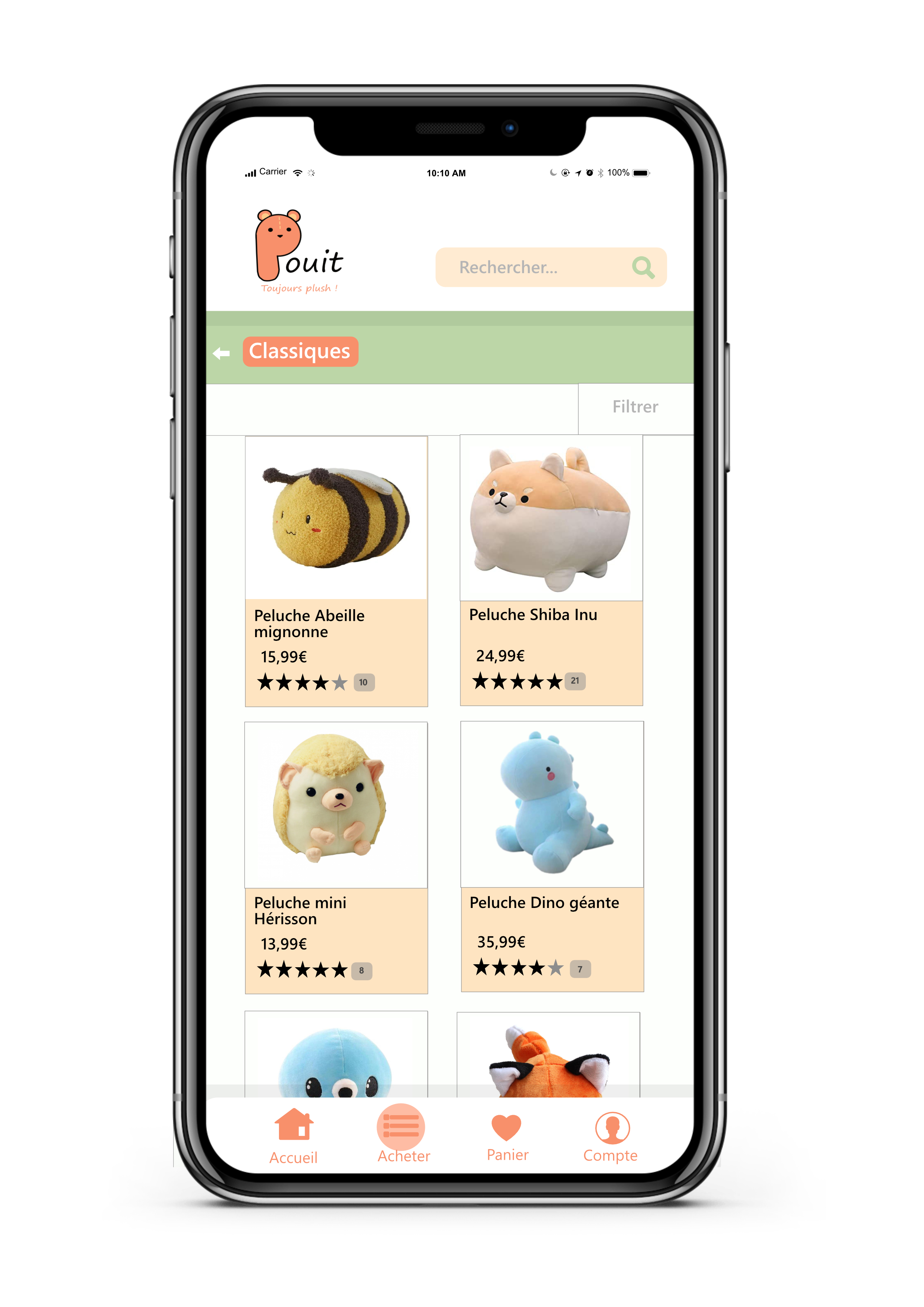 Page des catégories de peluches